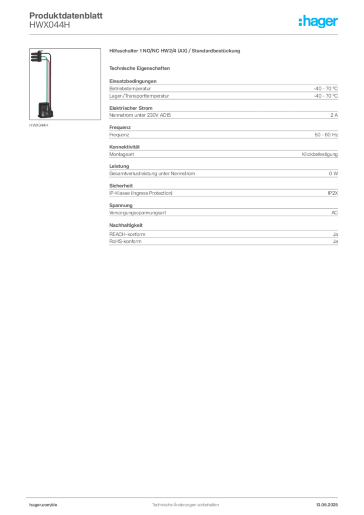 Bild Hager Produktdatenblatt HWX044H | Hager Deutschland