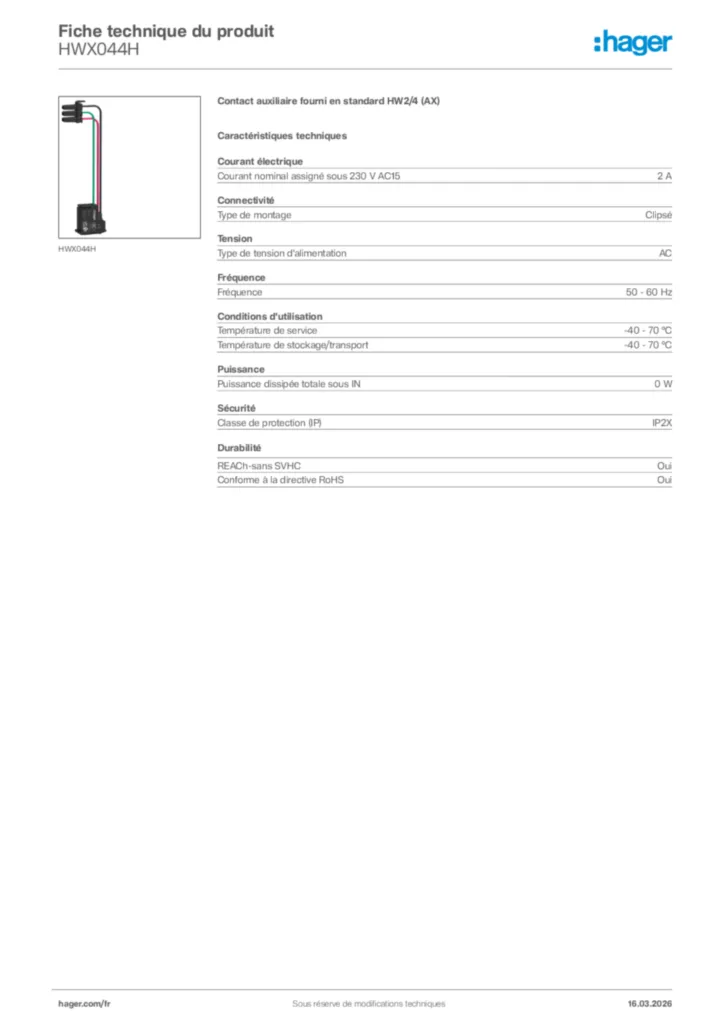 Image Hager Fiche technique du produit HWX044H | Hager France