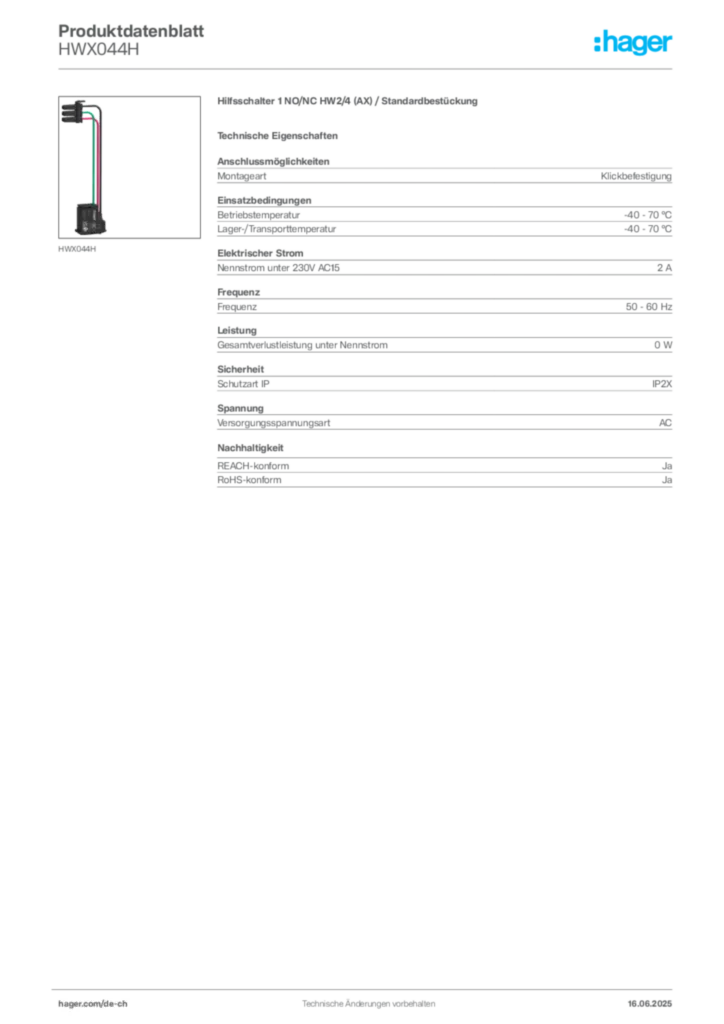 Bild Hager Produktdatenblatt HWX044H | Hager Schweiz