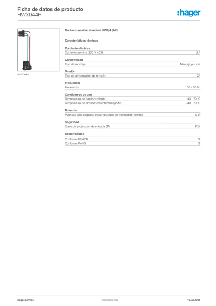 Imagen Hager Ficha de datos de producto HWX044H | Hager España