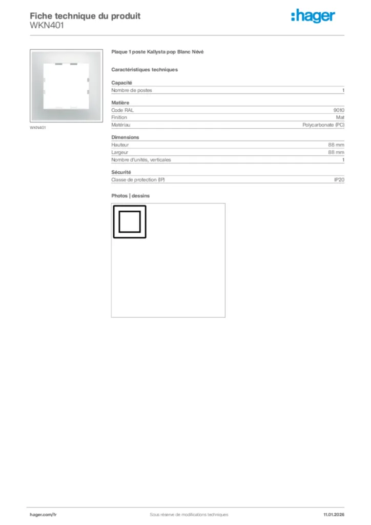 Image Hager Fiche technique du produit WKN401 | Hager France