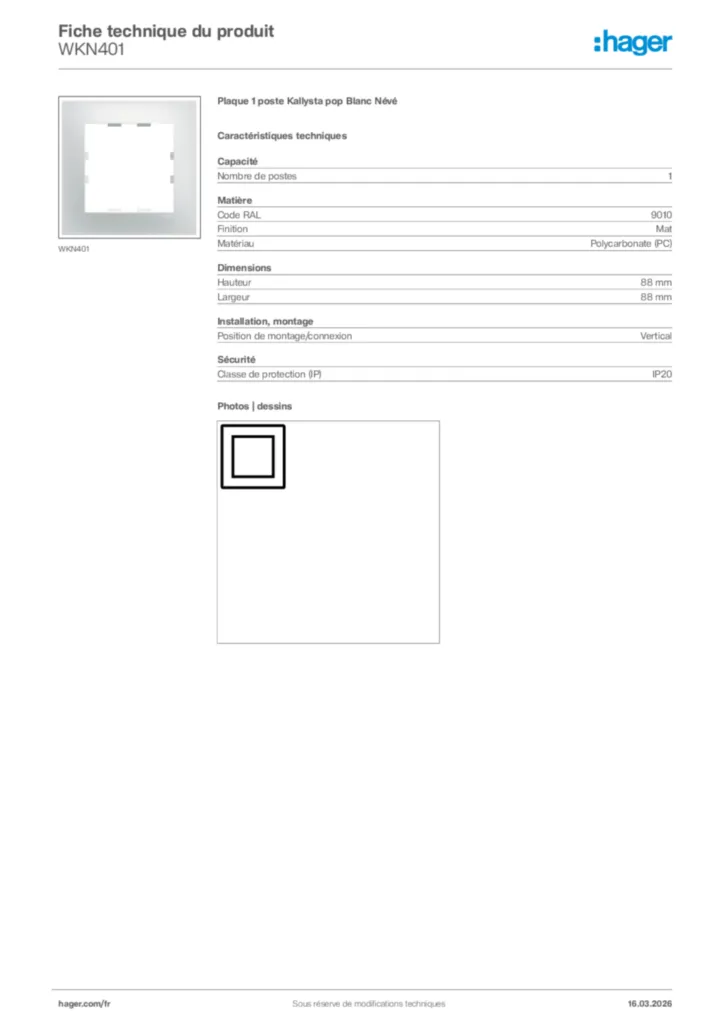 Image Hager Fiche technique du produit WKN401 | Hager France