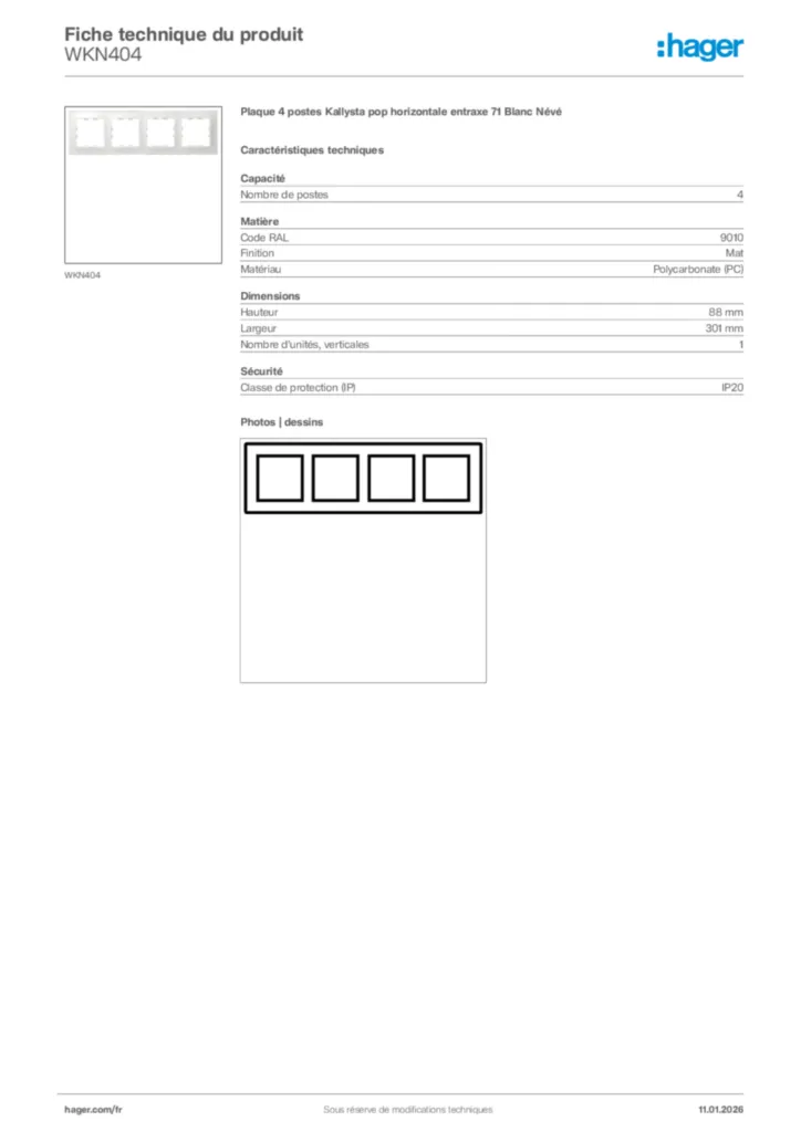Image Hager Fiche technique du produit WKN404 | Hager France