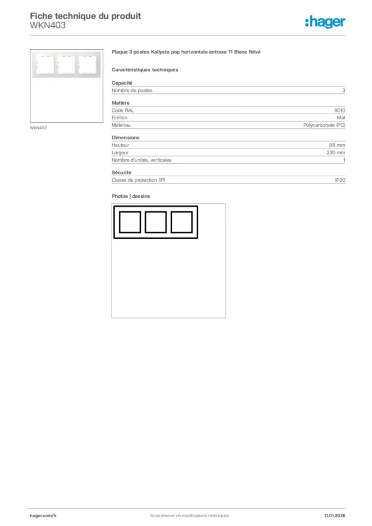 Image Hager Fiche technique du produit WKN403 | Hager France