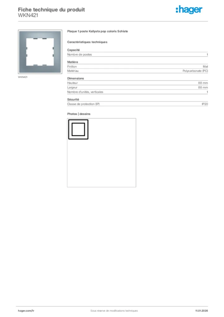 Image Hager Fiche technique du produit WKN421 | Hager France