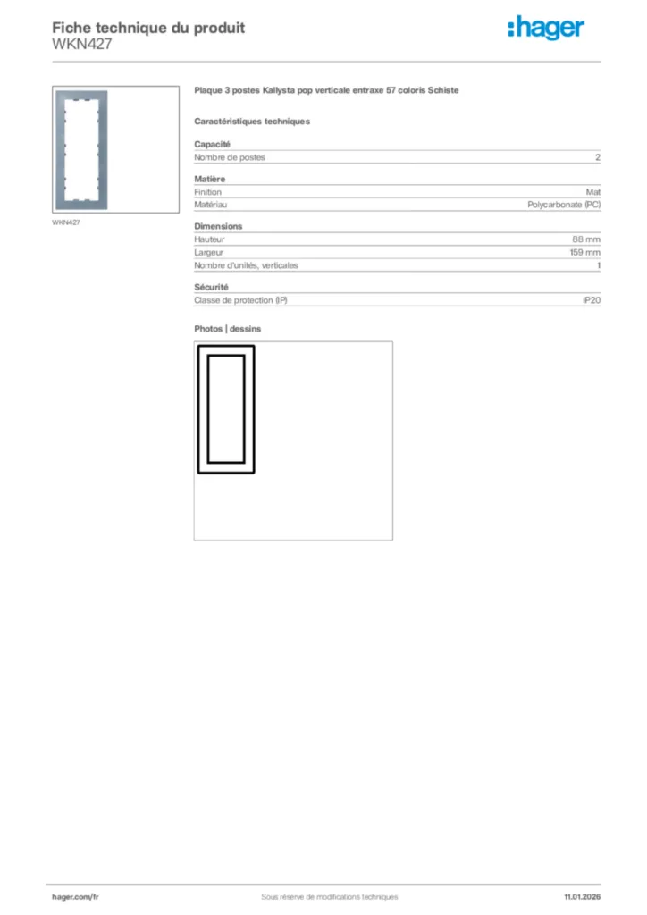 Image Hager Fiche technique du produit WKN427 | Hager France