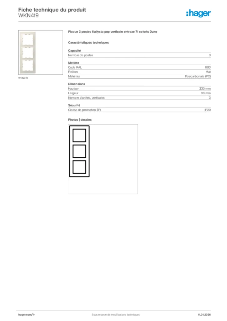Image Hager Fiche technique du produit WKN419 | Hager France