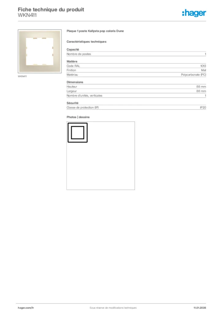 Image Hager Fiche technique du produit WKN411 | Hager France