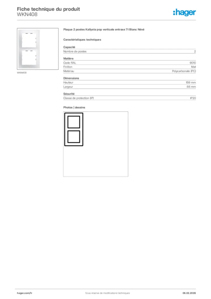 Plaque Double Hager Kallysta WKN408 - Blanc Neve, Orientation Verticale, Neuf