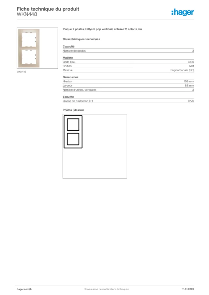 Image Hager Fiche technique du produit WKN448 | Hager France