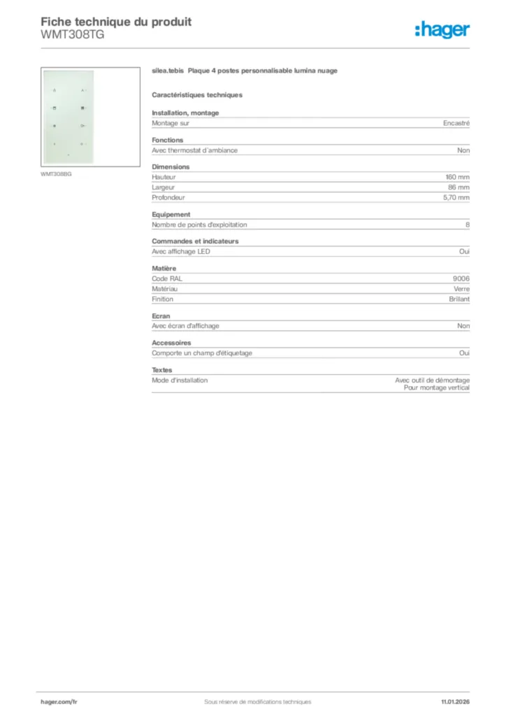 Image Hager Fiche technique du produit WMT308TG | Hager France
