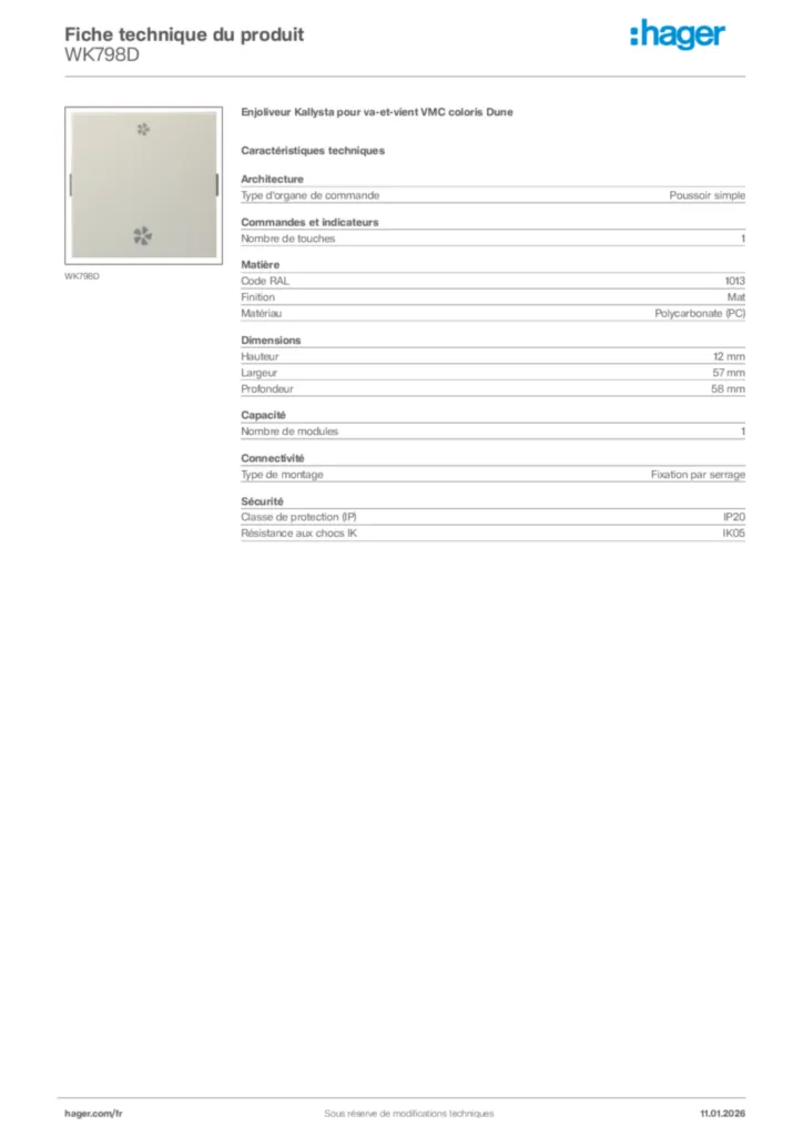 Image Hager Fiche technique du produit WK798D | Hager France