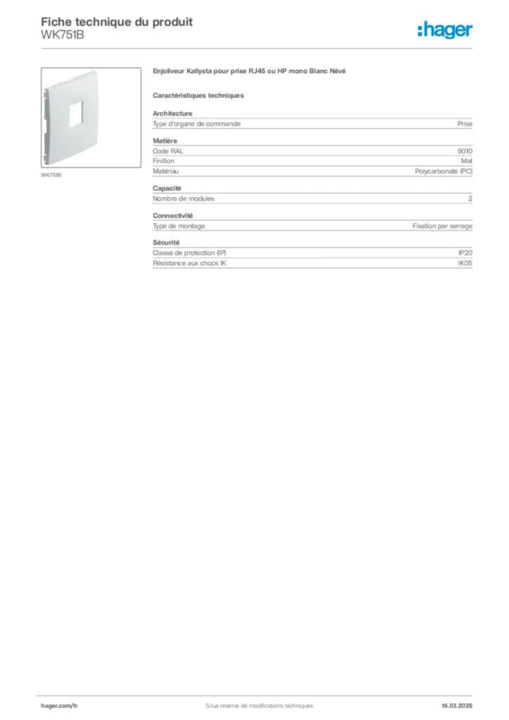 Image Hager Fiche technique du produit WK751B | Hager France