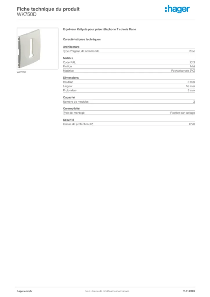 Image Hager Fiche technique du produit WK750D | Hager France