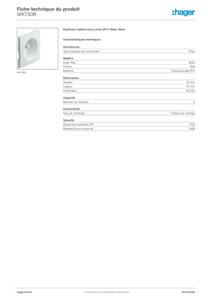 Image Hager Fiche technique du produit WK730B | Hager France