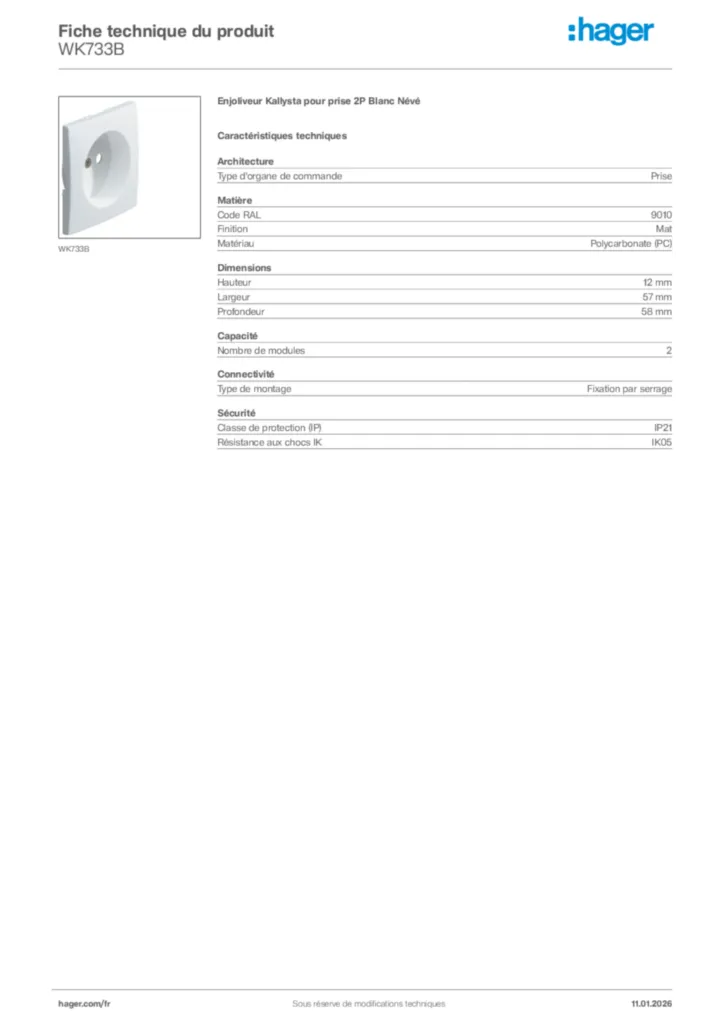Image Hager Fiche technique du produit WK733B | Hager France