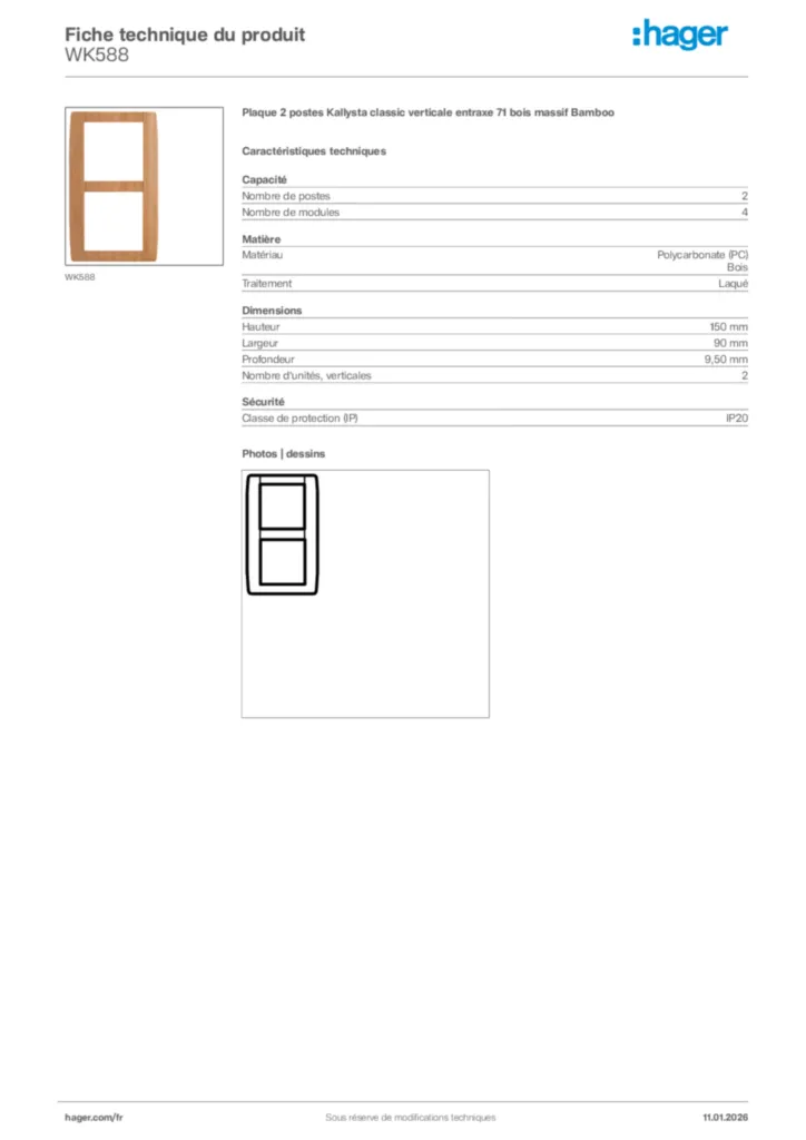 Image Hager Fiche technique du produit WK588 | Hager France