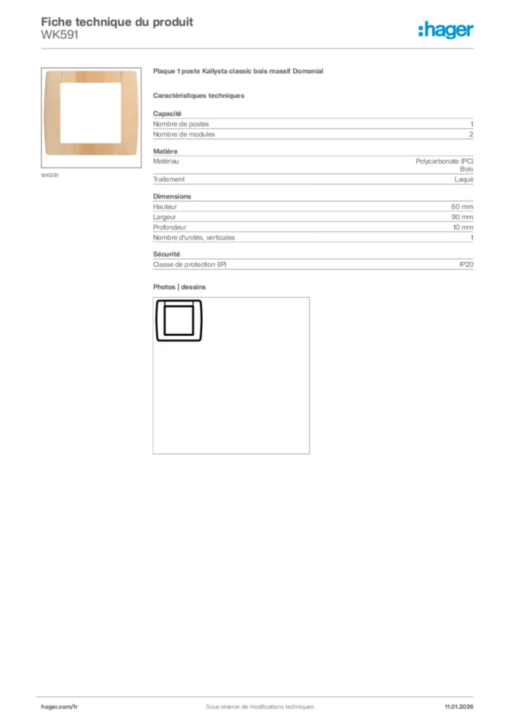 Image Hager Fiche technique du produit WK591 | Hager France