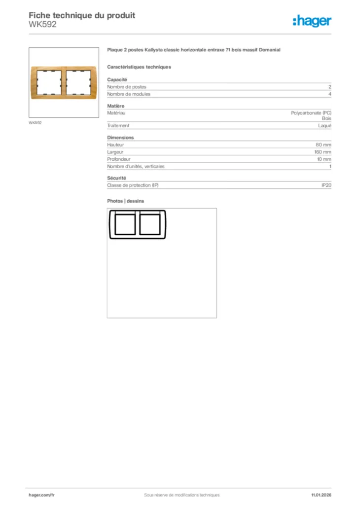 Image Hager Fiche technique du produit WK592 | Hager France