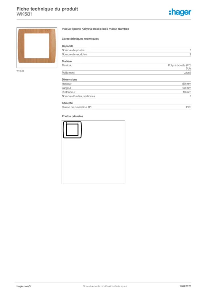 Image Hager Fiche technique du produit WK581 | Hager France