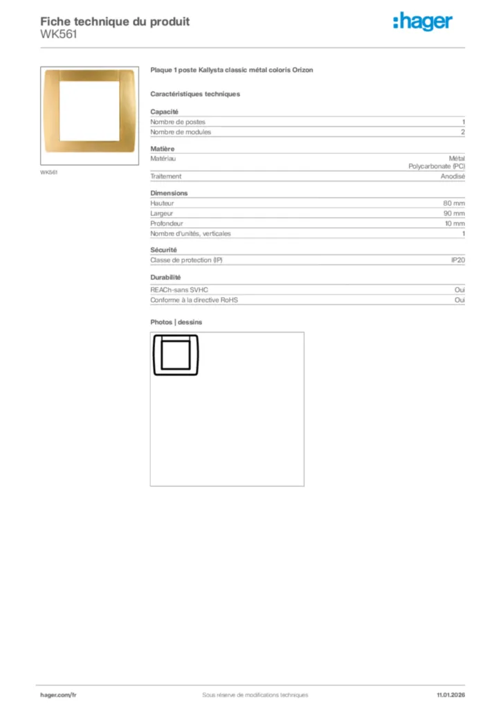 Image Hager Fiche technique du produit WK561 | Hager France
