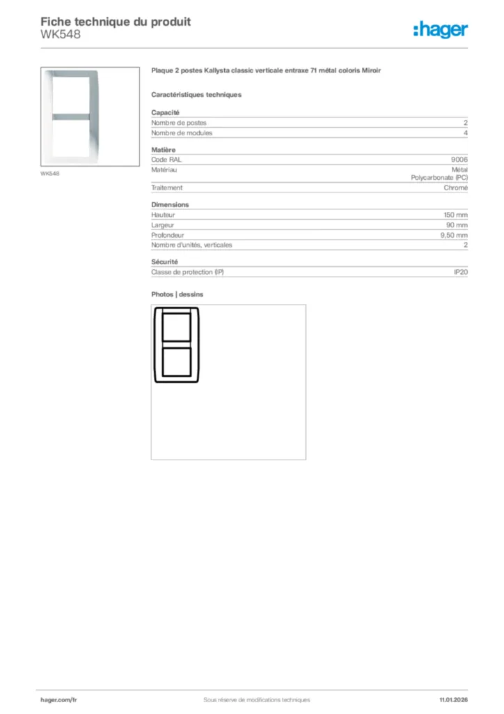 Image Hager Fiche technique du produit WK548 | Hager France