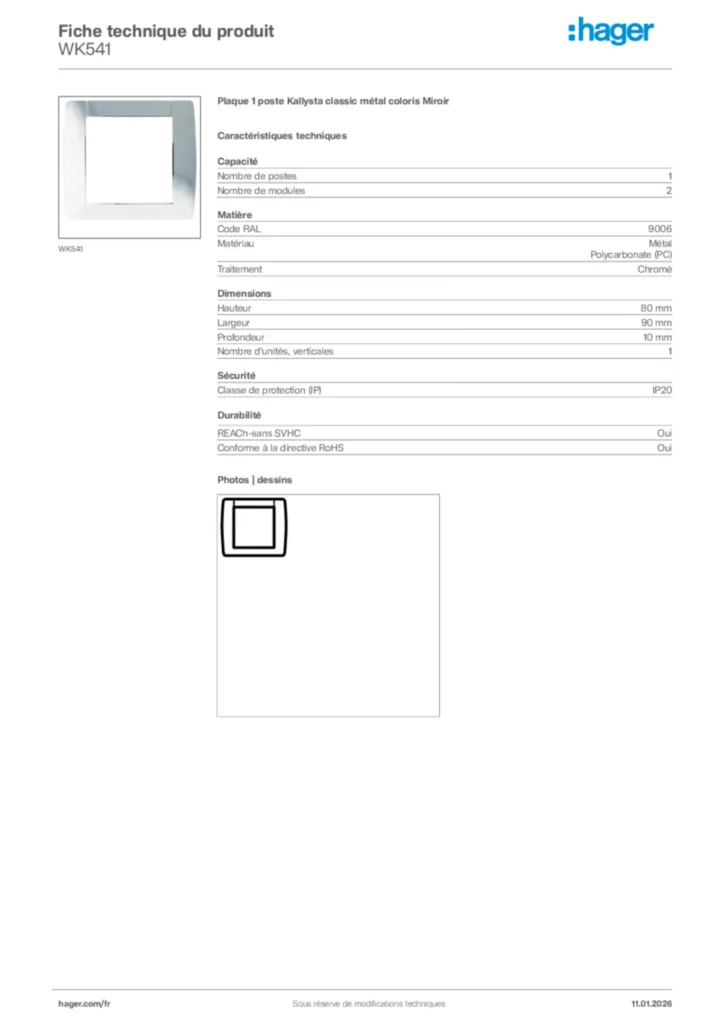 Image Hager Fiche technique du produit WK541 | Hager France