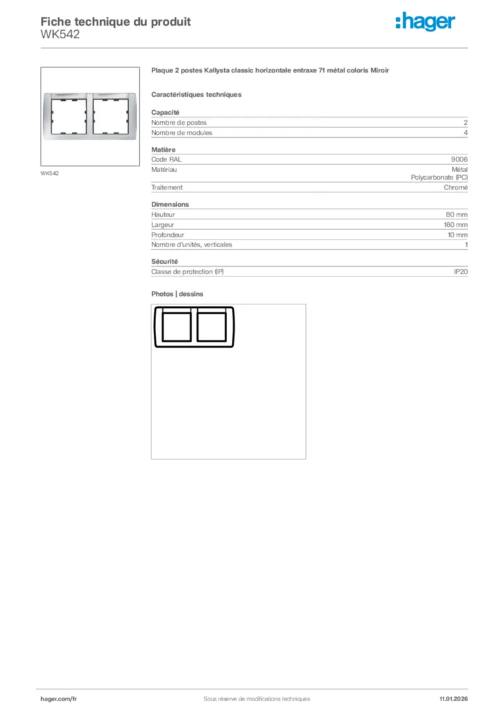 Image Hager Fiche technique du produit WK542 | Hager France