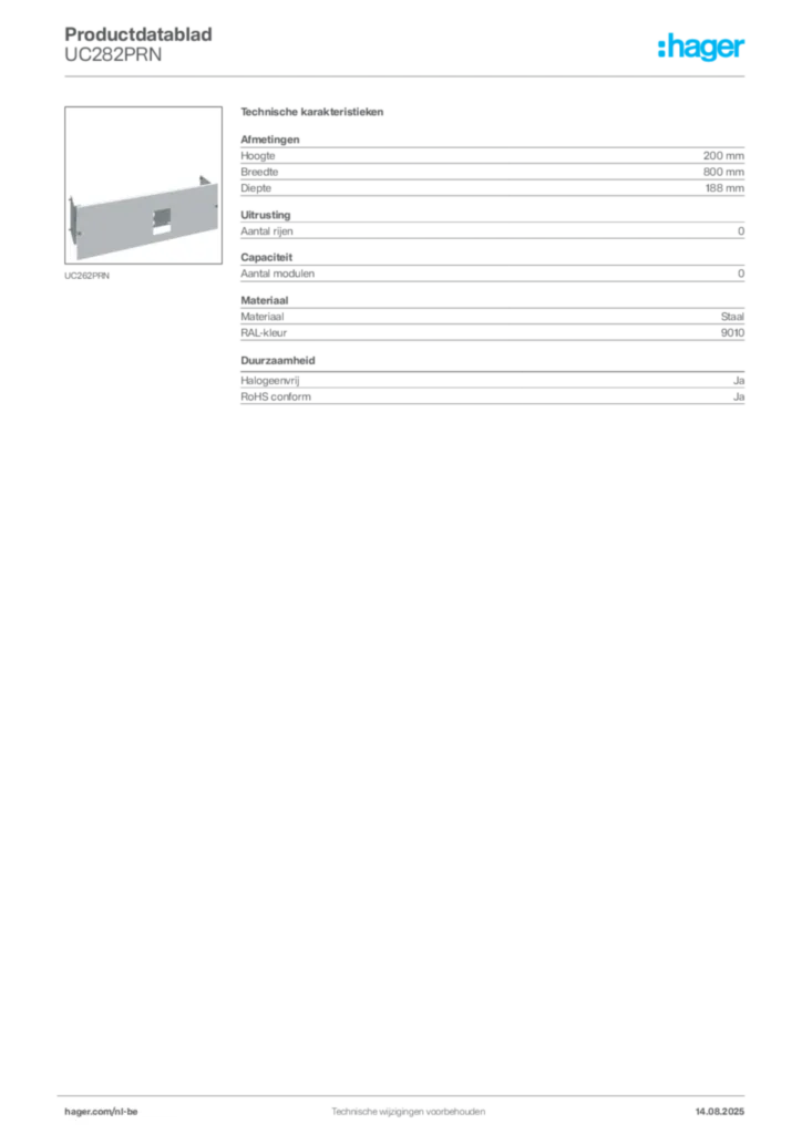 Afbeelding Hager Productdatablad UC282PRN | Hager Belgium