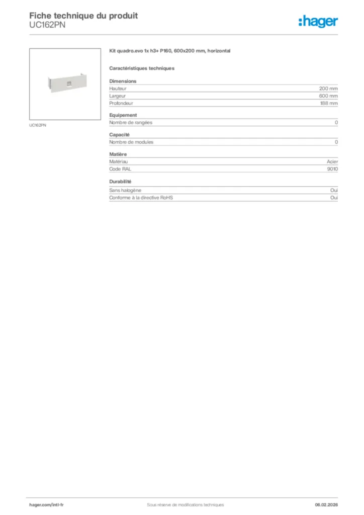 Image Hager Fiche technique du produit UC162PN | Hager Afrique