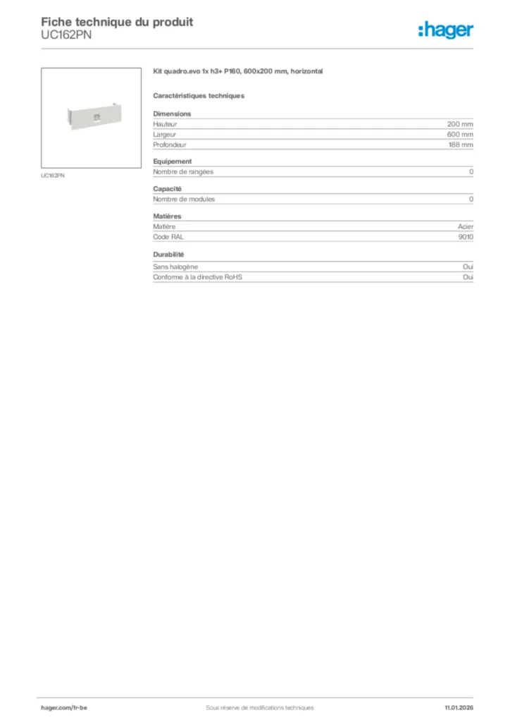 Image Hager Fiche technique du produit UC162PN | Hager Belgique