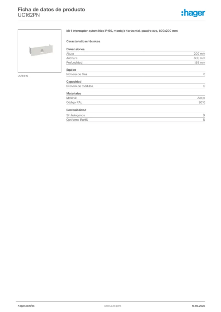 Imagen Hager Ficha de datos de producto UC162PN | Hager España