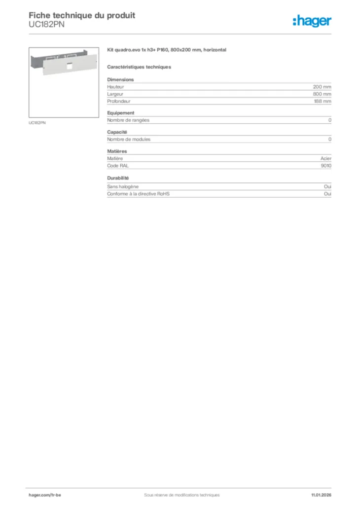 Image Hager Fiche technique du produit UC182PN | Hager Belgique