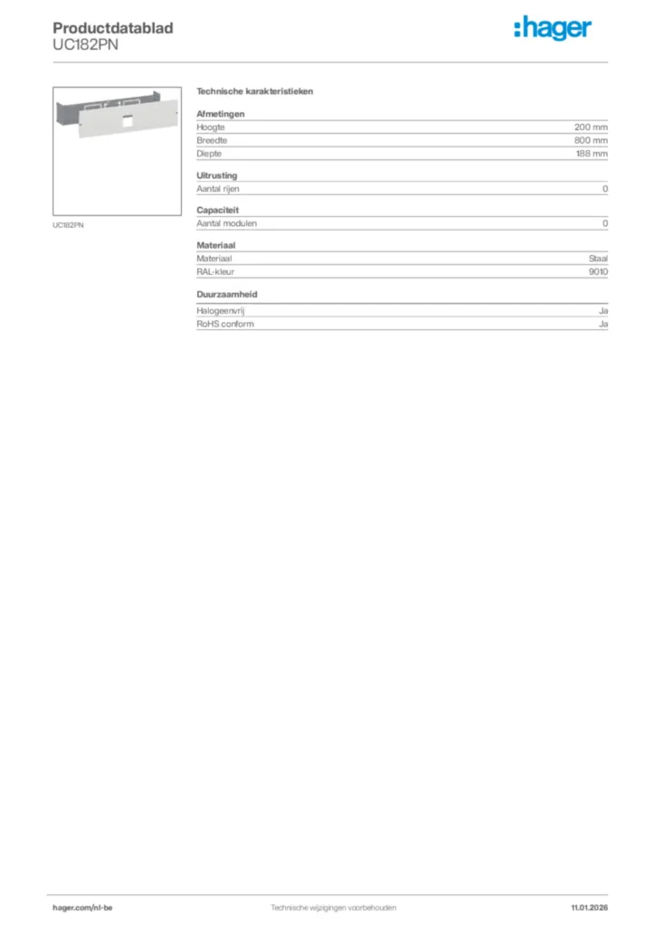 Afbeelding Hager Productdatablad UC182PN | Hager Belgium