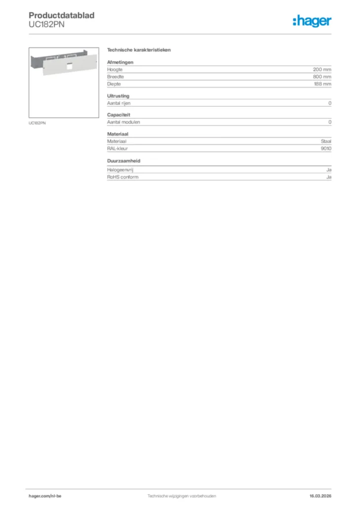 Afbeelding Hager Productdatablad UC182PN | Hager Belgium