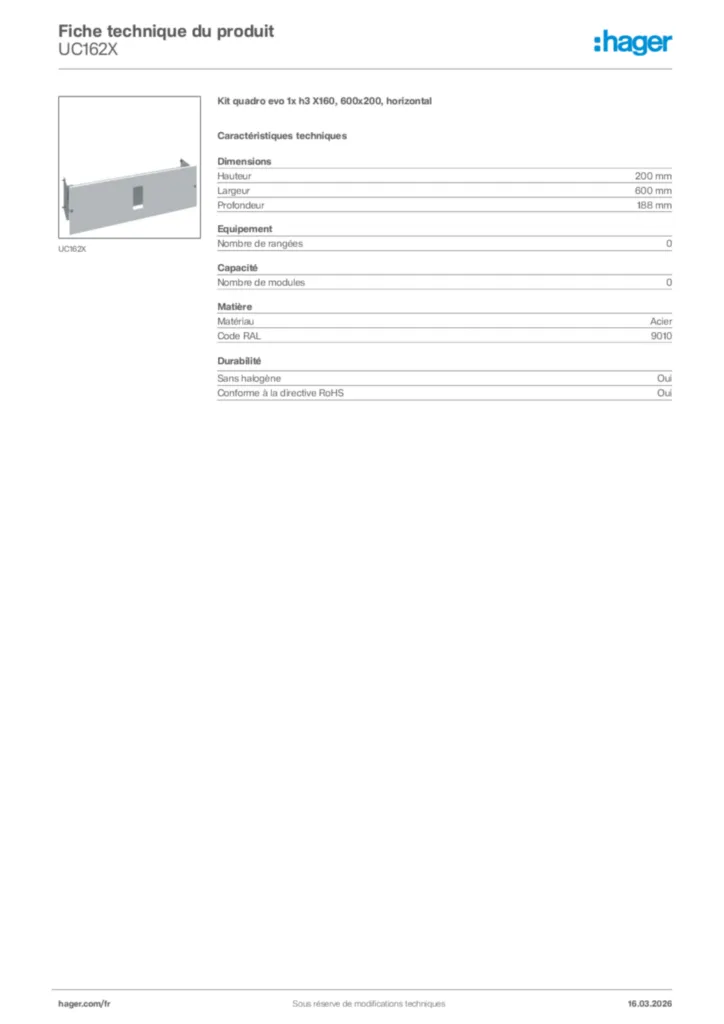Image Hager Fiche technique du produit UC162X | Hager France