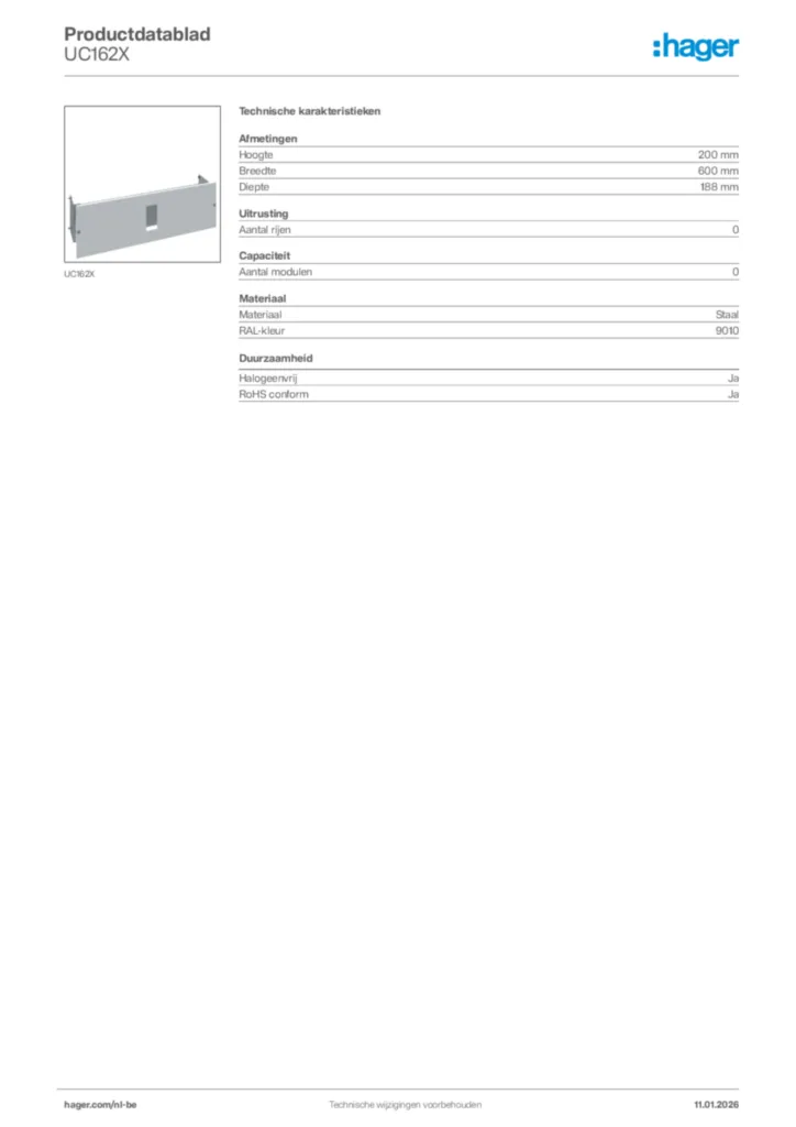 Afbeelding Hager Productdatablad UC162X | Hager Belgium