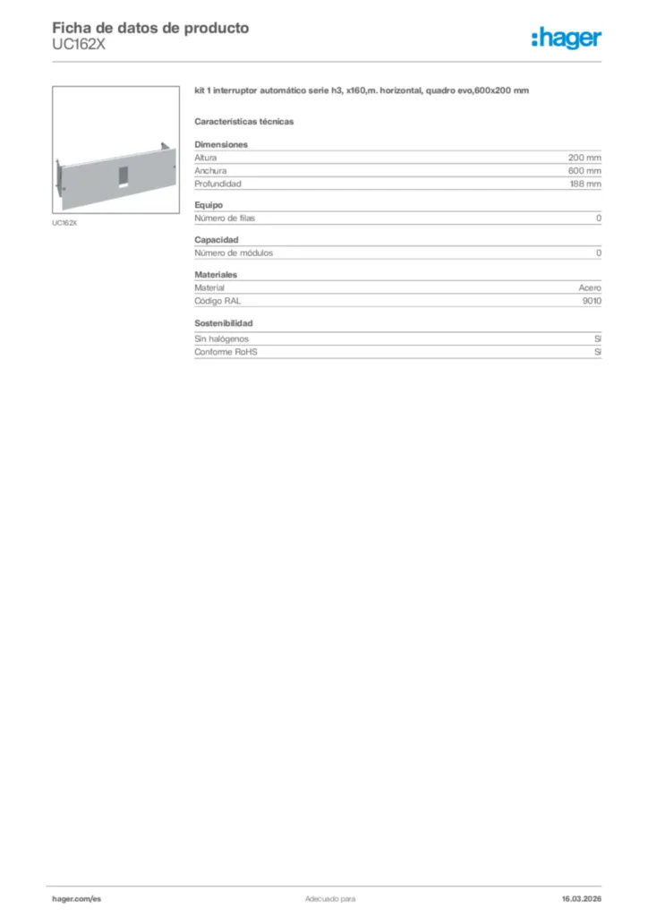 Imagen Hager Ficha de datos de producto UC162X | Hager España