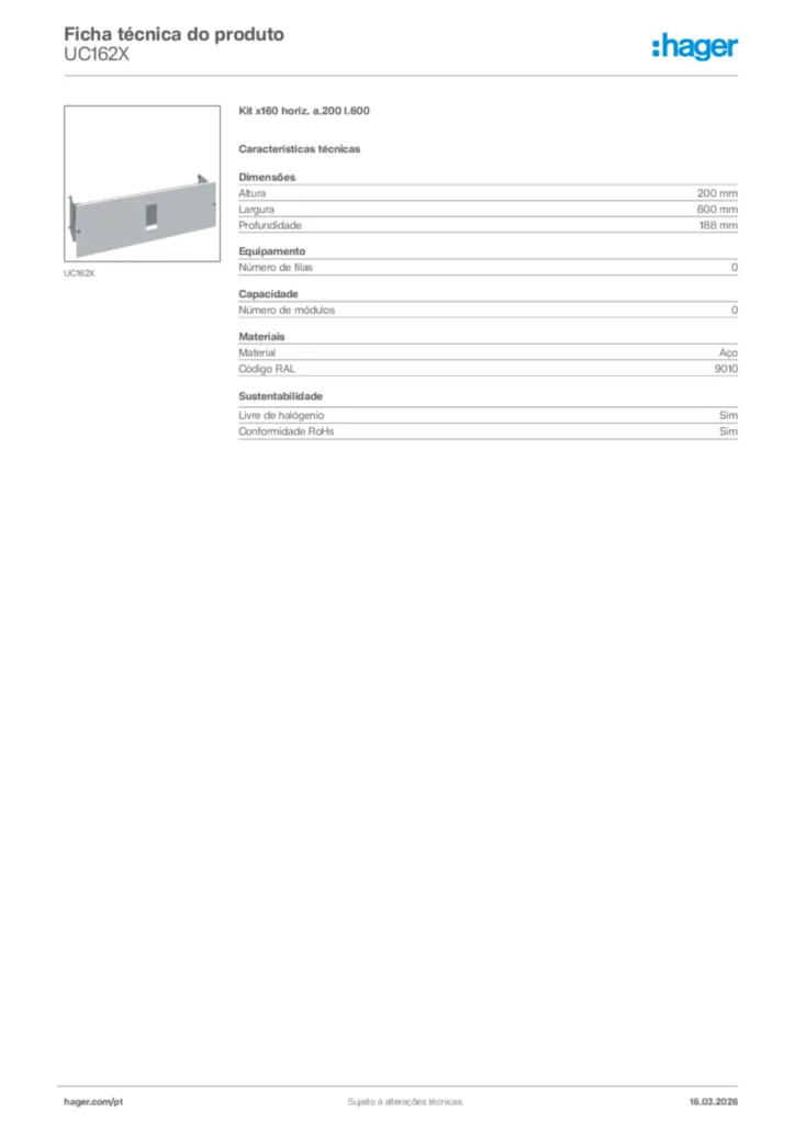 Imagem Hager Ficha técnica do produto UC162X | Hager Portugal