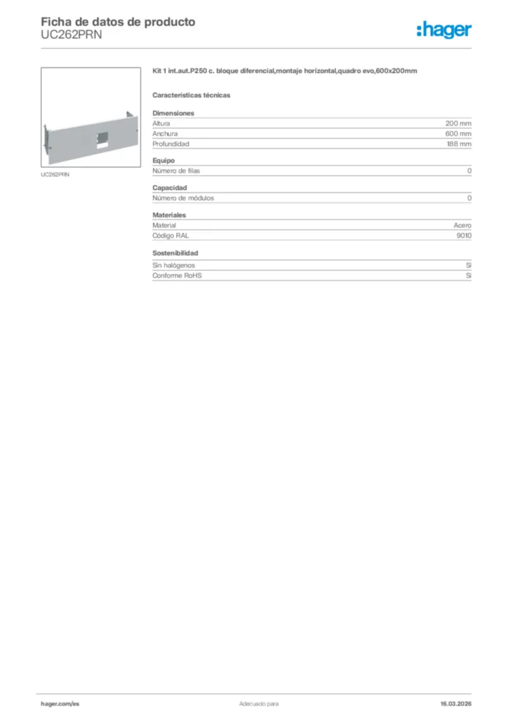 Imagen Hager Ficha de datos de producto UC262PRN | Hager España