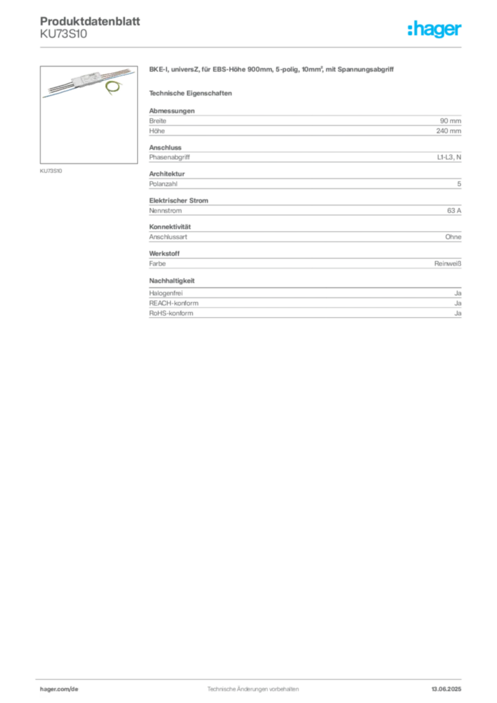 Hager Produktdatenblatt KU73S10