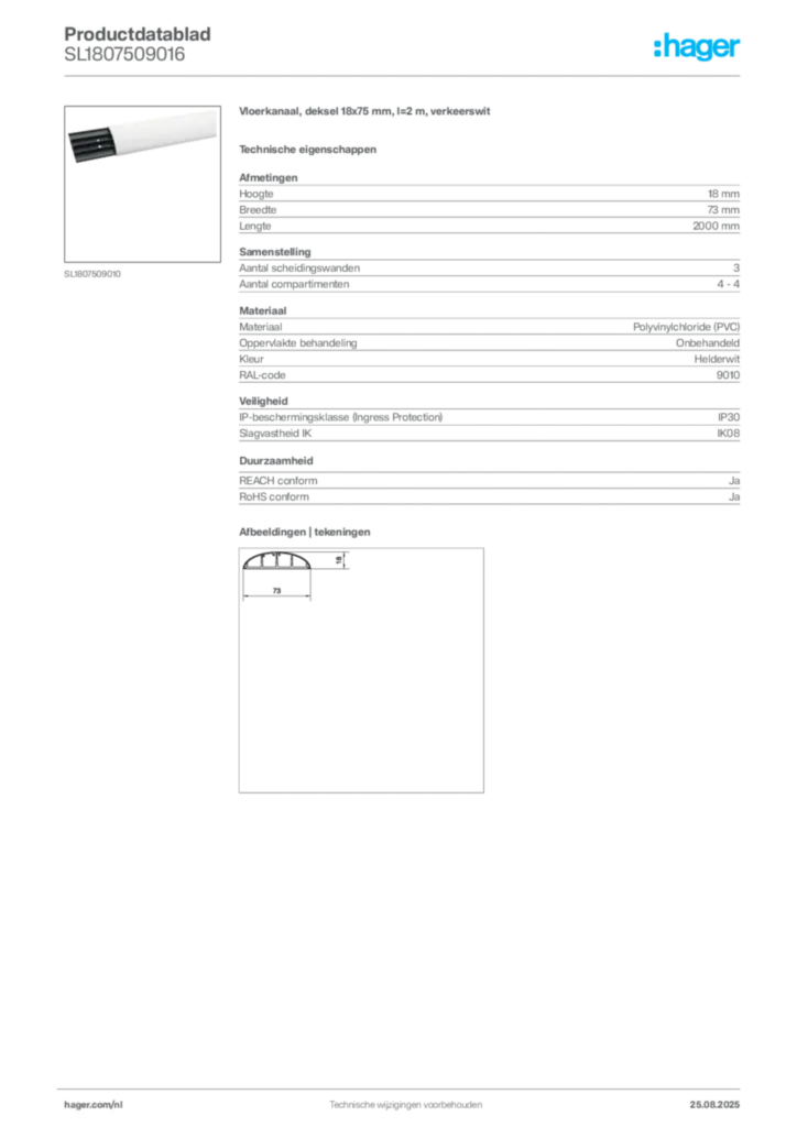 Afbeelding Hager Productdatablad SL1807509016 | Hager Nederland