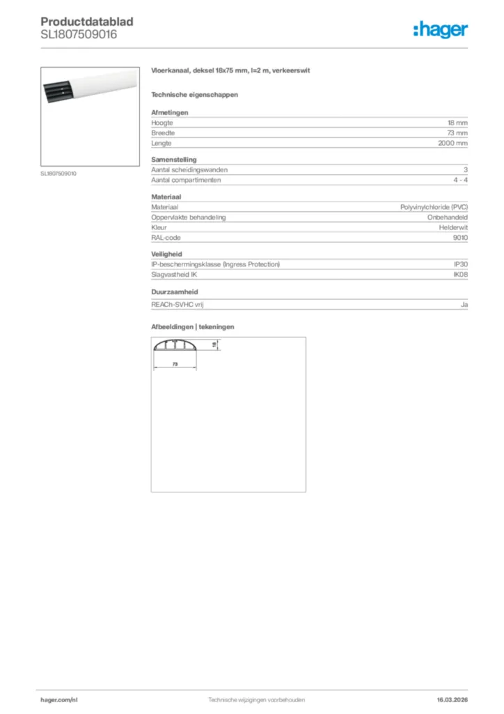 Afbeelding Hager Productdatablad SL1807509016 | Hager Nederland