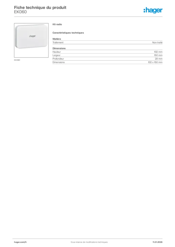 Image Hager Fiche technique du produit EK060 | Hager France