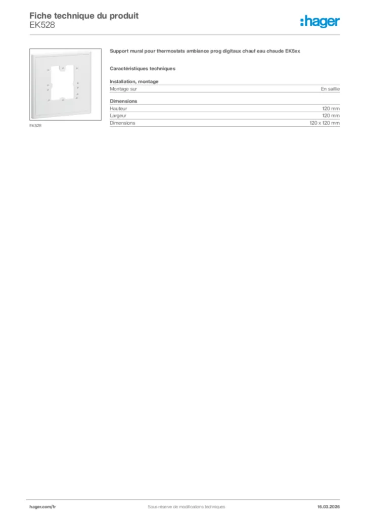 Image Hager Fiche technique du produit EK528 | Hager France
