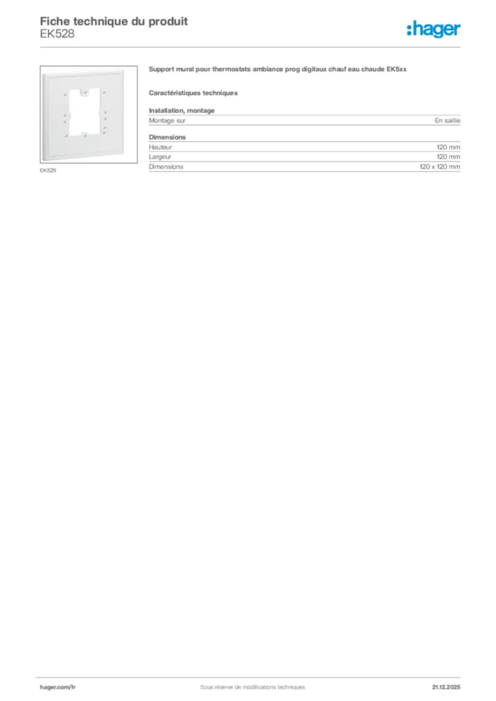 Image Hager Fiche technique du produit EK528 | Hager France