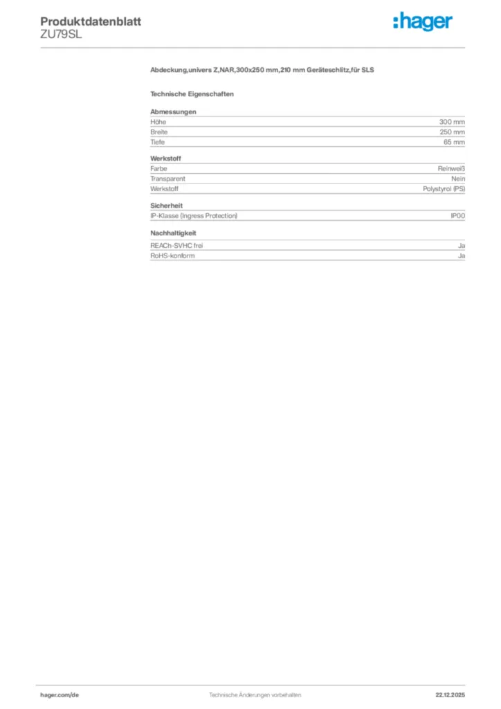 Bild Hager Produktdatenblatt ZU79SL | Hager Deutschland