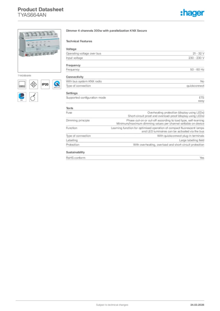Image Hager Product data sheet TYAS664AN  | Hager Africa