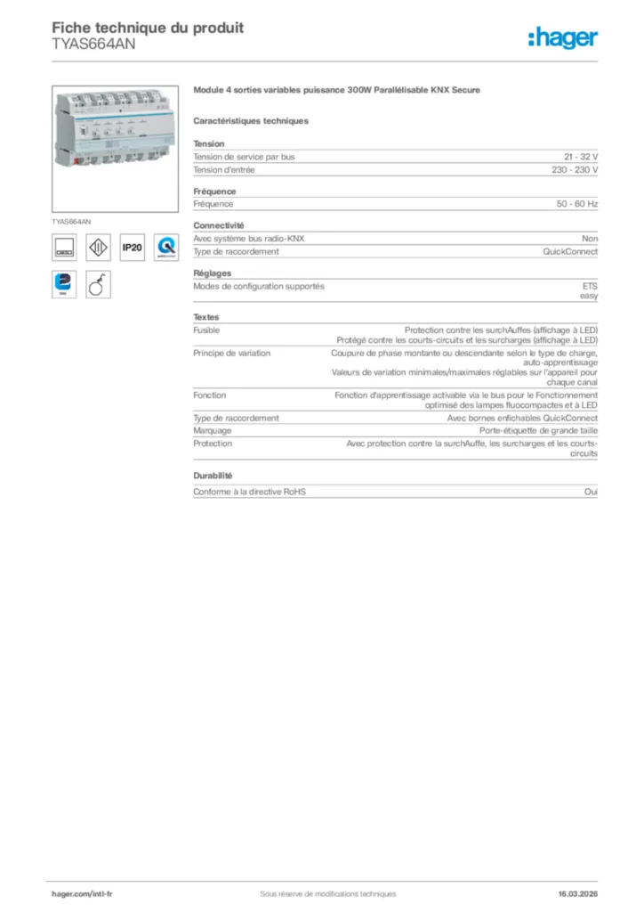 Image Hager Fiche technique du produit TYAS664AN | Hager Afrique