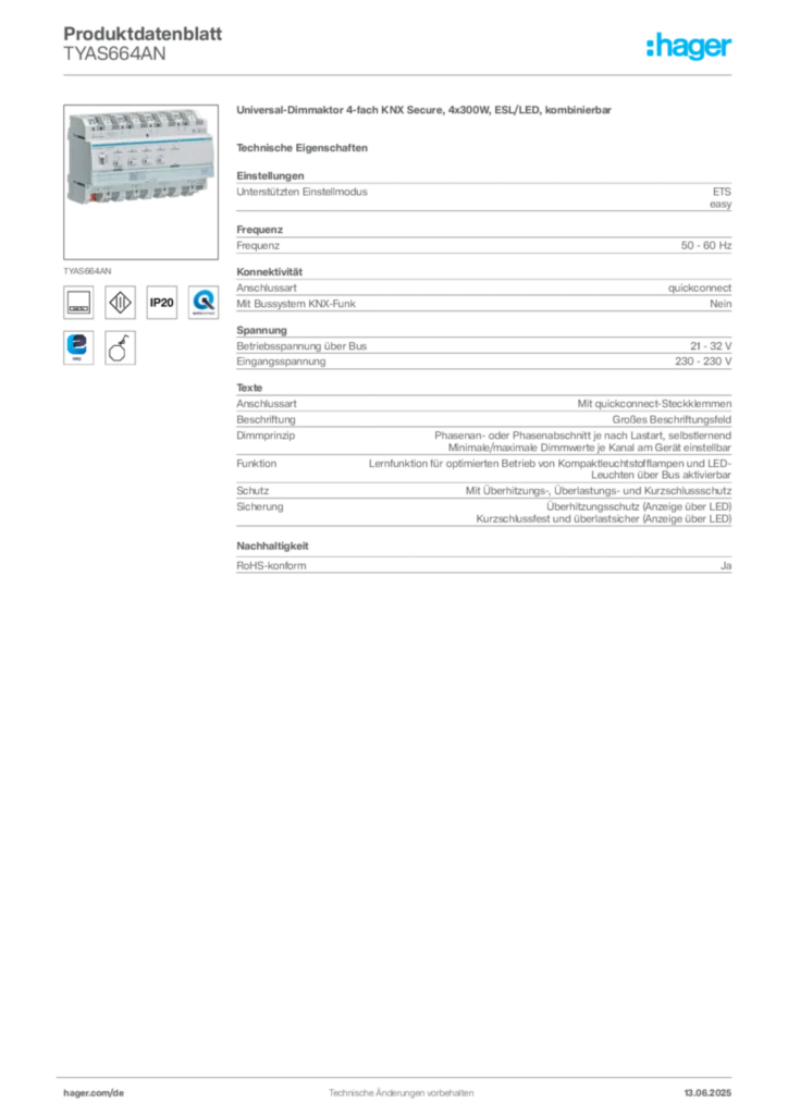 Hager Produktdatenblatt TYAS664AN